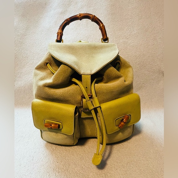 Gucci Handbags - Gucci Bamboo Light Green Suede/Leather Backpack